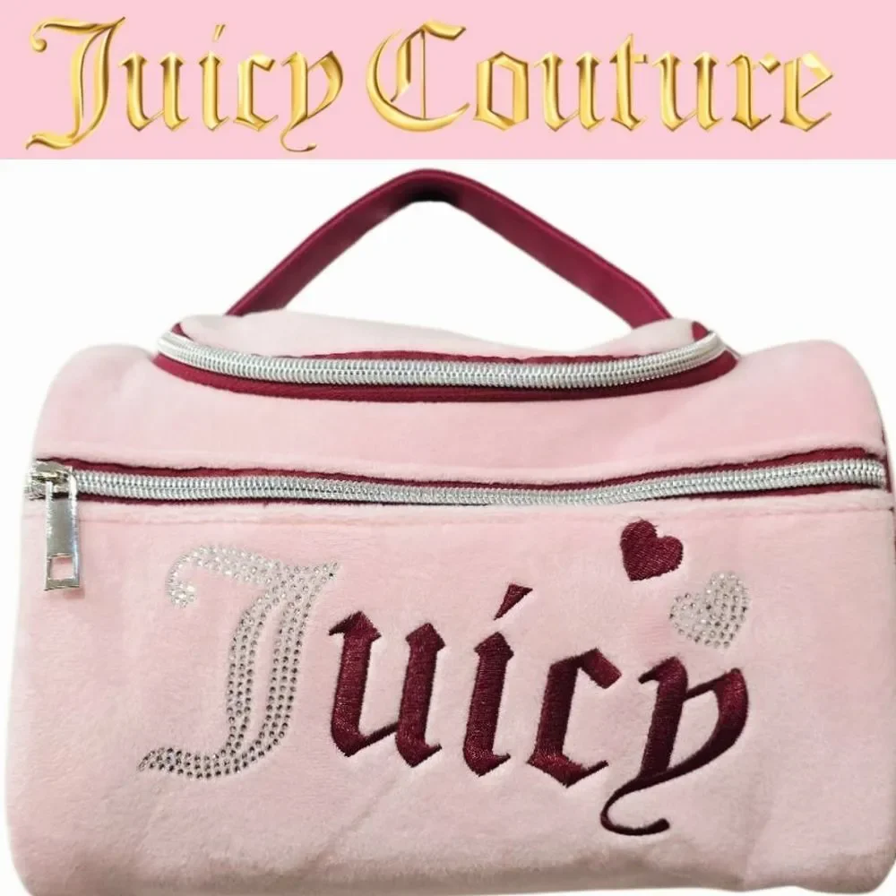 Juicy Couture Rhinestone Partial Logo & Heart Velour Travel Hanging Cosmetic Bag